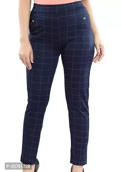 Elegant Blue Lycra Checked Trousers For Women-thumb0