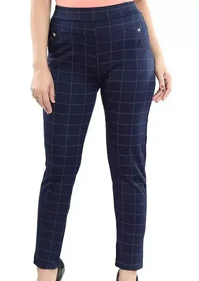 Elegant Blend Checked Trousers For Women