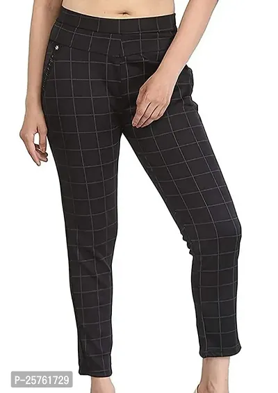 Elegant Black Lycra Checked Trousers For Women-thumb0