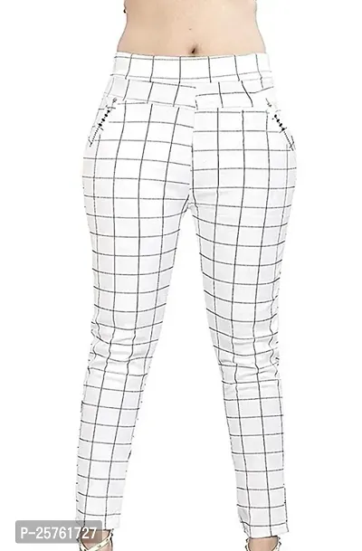 Elegant White Lycra Checked Trousers For Women