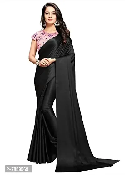 Ghan Sals Women's Trendy Satin Saree With Stiched Blouse Piece (Florina Black)