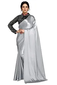 Ghan Sals Womens Trendy Satin Silk Saree With Unstiched Blouse Piece (Khichdi Grey NEW)-thumb1