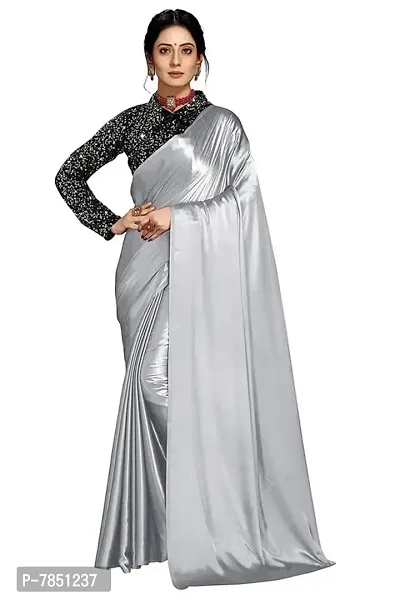 Ghan Sals Womens Trendy Satin Silk Saree With Unstiched Blouse Piece (Khichdi Grey NEW)-thumb2