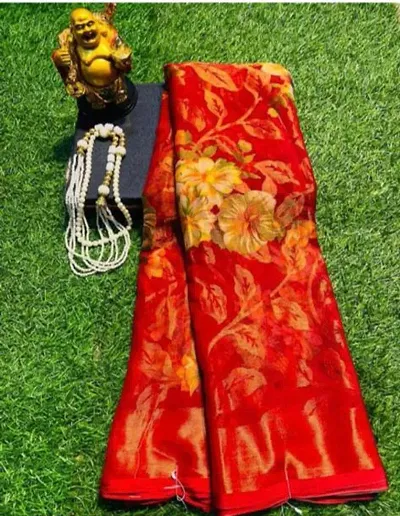 Chiffon Brasso Silk Floral Print Zari Woven Sarees with Blouse Piece