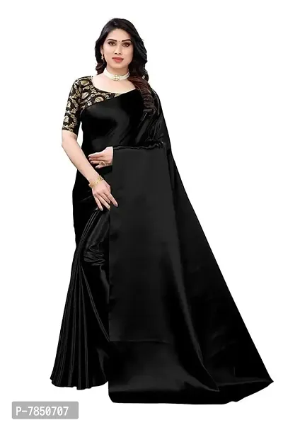 Ghan Sals Womens Trendy Satin Silk Saree With Unstiched Blouse Piece (MATKA BLACK(New))