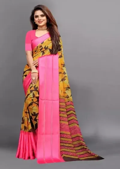 Georgette Floral Printed Satin Patta Sarees with Blouse piece
