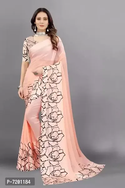 Beautiful Georgette Printed Satin Patta Border Saree With Blouse Piece For Women-thumb0