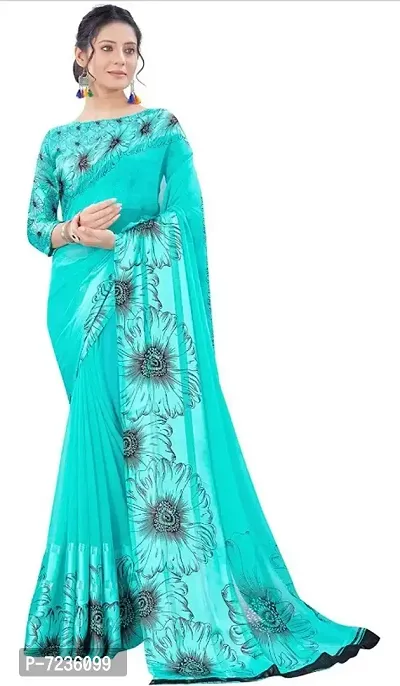 Beautiful Georgette Printed Satin Patta Border Saree With Blouse Piece For Women