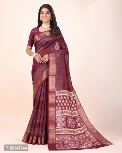 WOMANS PRINTED COTTON  SILK SAREE WITH BLOUSE PIECE