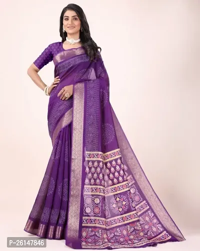 Classic Cotton Blend Saree with Blouse piece For Women