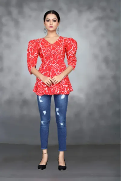 Casual Cuffed Sleeves Floral Print Women Red Top