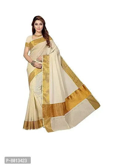 Maxis Women's Kasavu Pure Cotton Saree With Blouse Piece (KRLPLN_BGBDR_Off White)