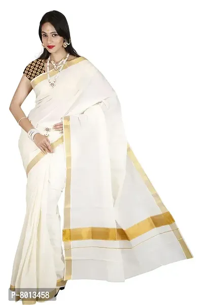 Maxis Women's Kasavu Cotton Saree with Blouse Piece (MAXKRLPLNBRO_Off-White)