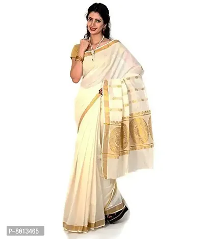 Maxis Women's Kasavu Cotton Saree with Blouse Piece (MAXISKRLCHAKRA_Off-White)