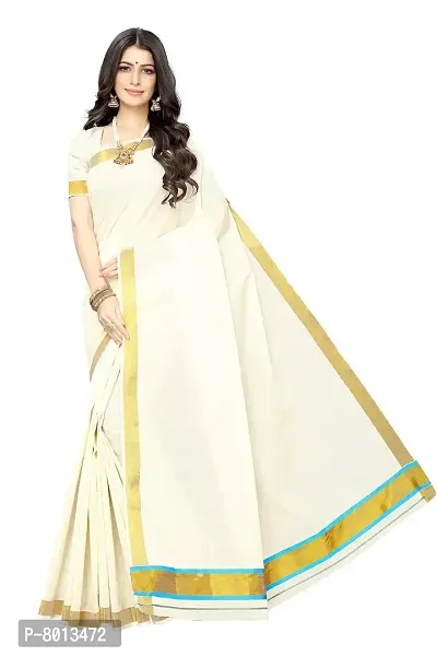 Maxis Women's Cotton Saree with Running Blouse Piece (MAXIS_5PATTI_BLUE_Off-White)