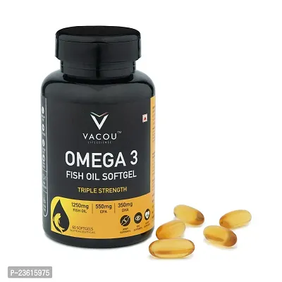 VACOU Omega-3 Fish Oil Supplement - 1250mg, 3x Strength, EPA and DHA Fatty Acids for Heart, Brain, and Joints Health60 Soft Gel Nutraceutical (Pack of 1 | 60 Softgel)