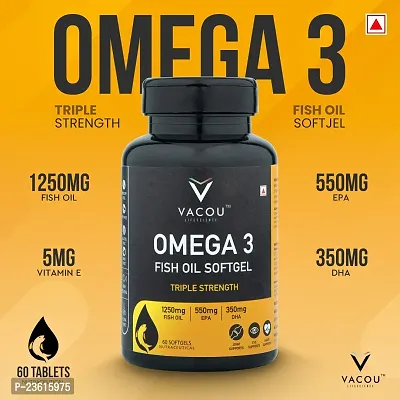 VACOU Omega-3 Fish Oil Supplement - 1250mg, 3x Strength, EPA and DHA Fatty Acids for Heart, Brain, and Joints Health60 Soft Gel Nutraceutical (Pack of 1 | 60 Softgel)-thumb2