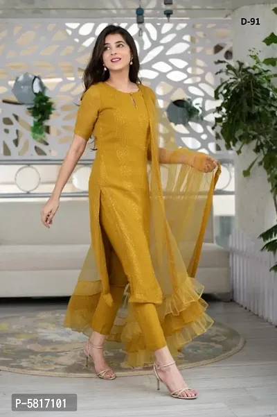 Alluring Yellow Rayon Woven Design Kurta with Pant And Dupatta Set For Women-thumb0
