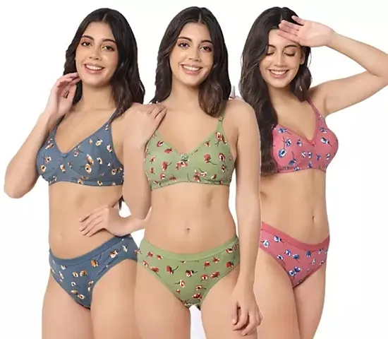 Lionet Women Cotton Blend Light Padded Non Wire Regular Bra and Panty Lingerie Combo Set of 3 (Multicolor)