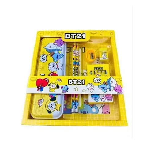 BTS TEAM ARMY School Stationery Set For BT-21 12pcs Stationery Set with BT-21 Pencil Eraser Color Scale Pencil Box BT-21 Geometry Combo School Stationery Set BT-21 Stationery Kit for Kids Best Return