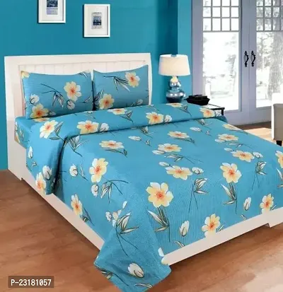 Comfortable Blue Polycotton Double Size Floral 1 Bedsheet With 2 Pillowcovers-thumb0