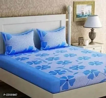 Comfortable Blue Polycotton Double Size Floral 1 Bedsheet With 2 Pillowcovers-thumb0