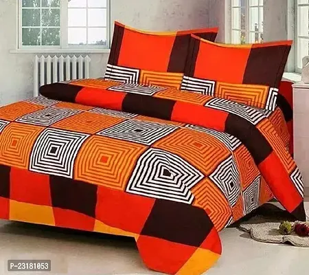 Comfortable Orange Polycotton Double Size Geometric 1 Bedsheet With 2 Pillowcovers-thumb0