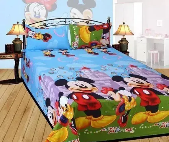 Comfortable Blue Polycotton Double Size Cartoon Characters 1 Bedsheet With 2 Pillowcovers