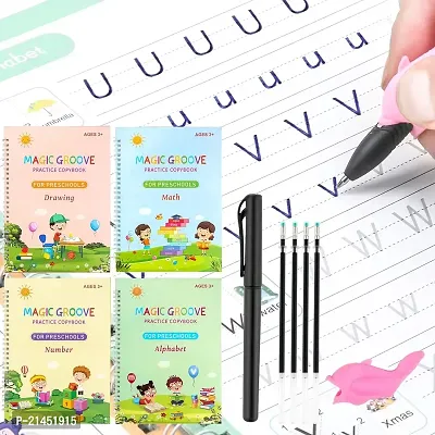 Magic Practice Copybook, (4 BOOK + 10 REFILL+ 2 Pen +2 Grip) Number Tracing Book for Preschoolers with Pen, Magic Calligraphy Copybook Set Practical Reusable Writing Tool Simple Hand Lettering-thumb0