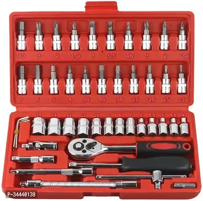 car tool kit 46PCS 1/4 inch Drive Socket Set,Metric Ratchet Wrench Set with 4-14mm CR-V Sockets,S2 Bits,Extension Bars,Mechanic Tool Kits for Household Auto Repair-thumb0