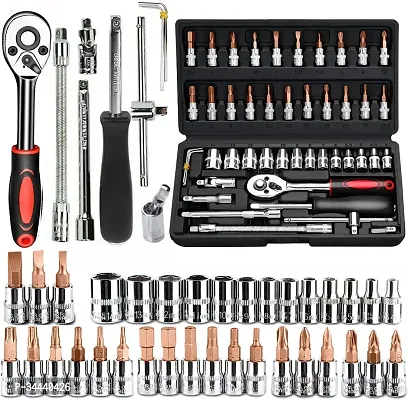 tool box set 46 Pieces 1/4 Inch Drive Industrial Grade Socket Ratchet Wrench Set, with Bit Socket Set Metric and Extension Bar for Auto Repairing and Household, With Thickened Storage Case-thumb0