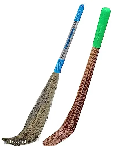 Classic Broom Stick For Home Cleaning Combo - 1 Hard and 1 Soft Brooms (Pack Of 2, Medium Size, Multicolor)-thumb0