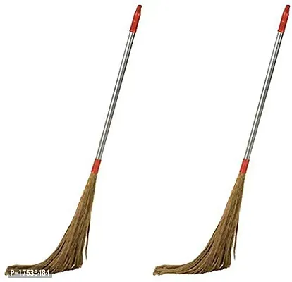 Classic Steel Handle (42 Inch) Eco Friendly Soft Grass Floor Broom Stick For Floor Cleaning (Phool Jhadu) Set Of 2-thumb0