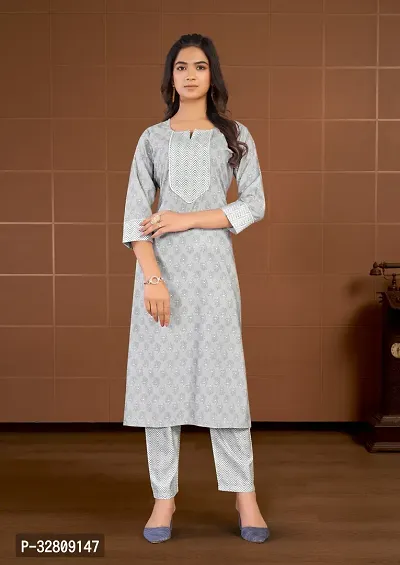 Stylish Grey Cotton Blend Kurta Bottom Set For Women