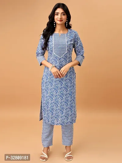 Stylish Blue Cotton Blend Kurta Bottom Set For Women-thumb0