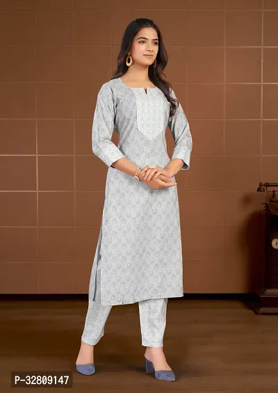 Stylish Grey Cotton Blend Kurta Bottom Set For Women-thumb3