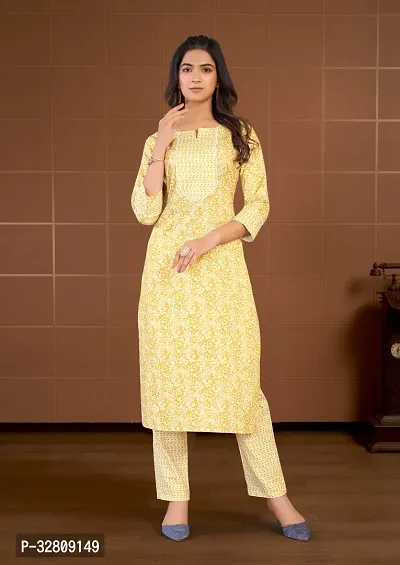 Stylish Yellow Cotton Blend Kurta Bottom Set For Women