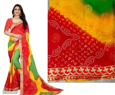 Georgette Bandhani Print Gota Lace Border Sarees With Blouse Piece-thumb0