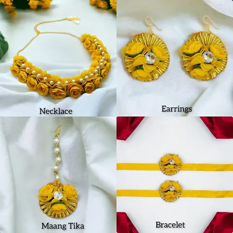 Complete Set of Bridal Flower Jewellery Set for Dulhan Haldi, Mehandi  Sangeet, Floral Necklace, Maangtika, Earrings  Bracelet All in One Set for Wedding, Yellow