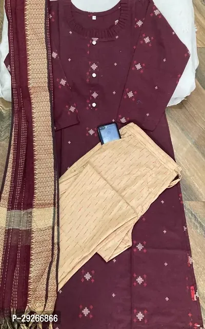 Beautiful Khadi Cotton Kurta, Bottom and Dupatta Set-thumb0