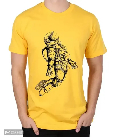 Caseria Men's Round Neck Cotton Half Sleeved T-Shirt with Printed Graphics - Fly Astronaut Man (Yellow, SM)-thumb0