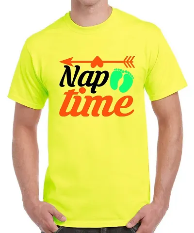 Caseria Men's Round Neck Half Sleeved T-Shirt with Graphics - Arrow Nap (Lemon Yellow, SM)