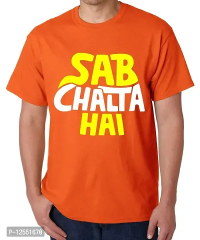 Caseria Men's Round Neck Cotton Half Sleeved T-Shirt with Printed Graphics - Sab Chalta Hai (Orange, XXL)-thumb0