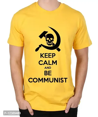 Caseria Men's Round Neck Cotton Half Sleeved T-Shirt with Printed Graphics - Be Communist (Yellow, XXL)-thumb0