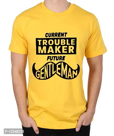 Caseria Men's Round Neck Cotton Half Sleeved T-Shirt with Printed Graphics - Troble Maker Future (Yellow, MD)-thumb0