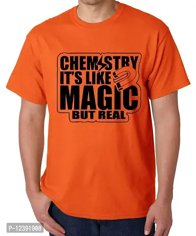 Caseria Men's Round Neck Cotton Half Sleeved T-Shirt with Printed Graphics - Chemistry It's Like Magic (Orange, XL)