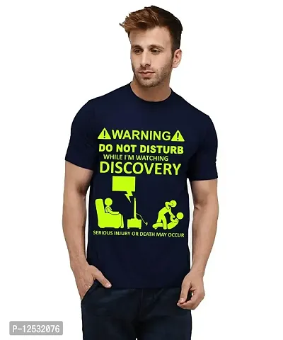 Caseria Men's Round Neck Cotton Half Sleeved T-Shirt with Printed Graphics - Warning DND Discovery (Navy Blue, SM)