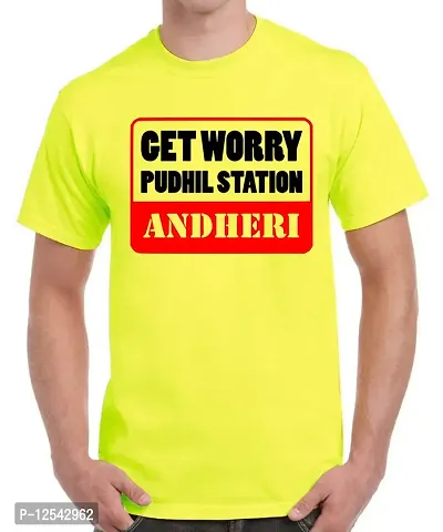 Caseria Men's Round Neck Cotton Half Sleeved T-Shirt with Printed Graphics - Get Worry Andheri (Lemon Yellow, SM)-thumb0