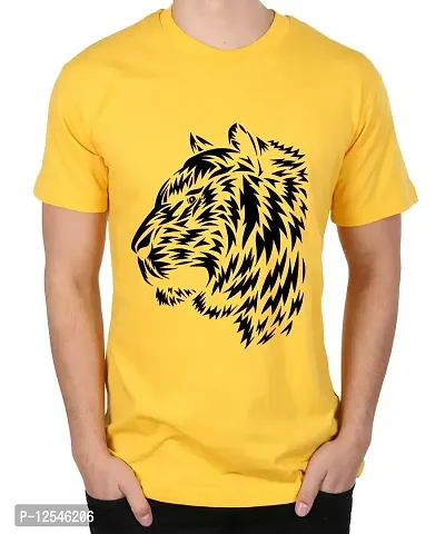 Caseria Men's Round Neck Cotton Half Sleeved T-Shirt with Printed Graphics - Tiger Pattern (Yellow, XL)