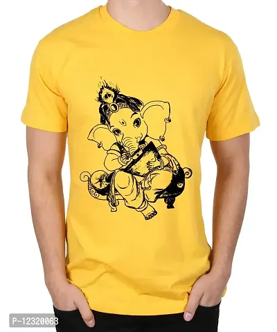 Caseria Men's Round Neck Cotton Half Sleeved T-Shirt with Printed Graphics - Kavita Writing Ganesh (Yellow, XXL)-thumb0